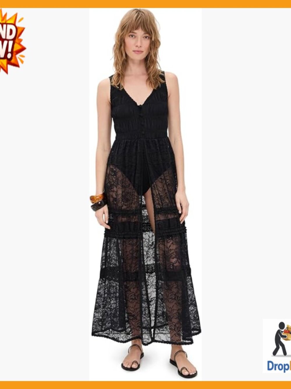 Sleeveless Maxi Dress Elegant Boho Chic Mesh Lace Smocked Top Split Hem